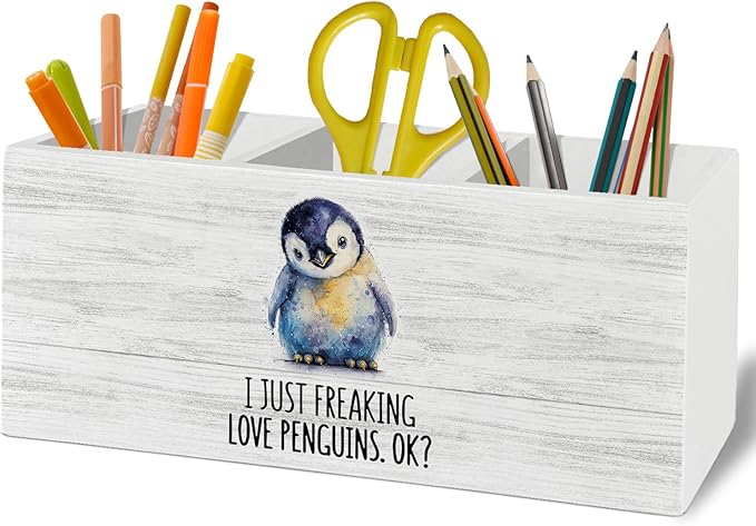 Penguin Gifts Pen Pencil Holder Organizer for Desk Accessories, I Just Freaking Love Penguins Okay Wooden Box Sign Desk Decor for Office Decoration, Cute Penguin Gifts for Women Men