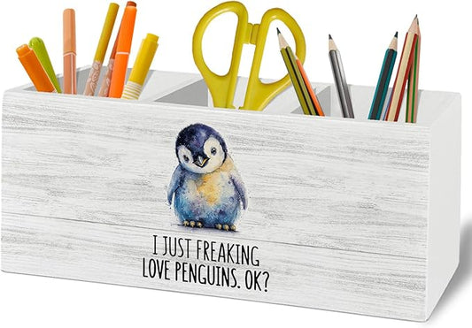 Penguin Gifts Pen Pencil Holder Organizer for Desk Accessories, I Just Freaking Love Penguins Okay Wooden Box Sign Desk Decor for Office Decoration, Cute Penguin Gifts for Women Men