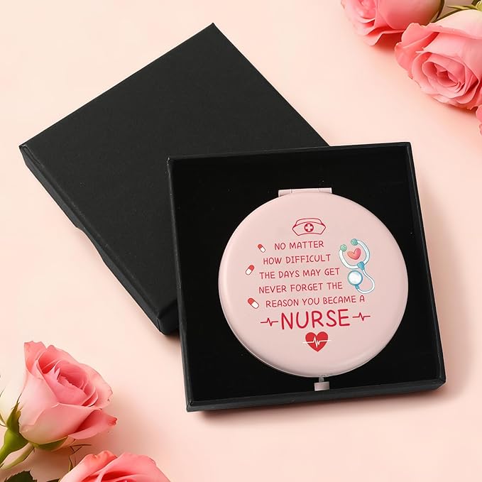 Nurse Gifts for Women Girls Christmas Stocking Stuffers Nurse Week Gifts Pink Small Handheld Makeup Mirror for Nursing Student Personalized Nurses Gift for Birthday Graduation Valentines Day