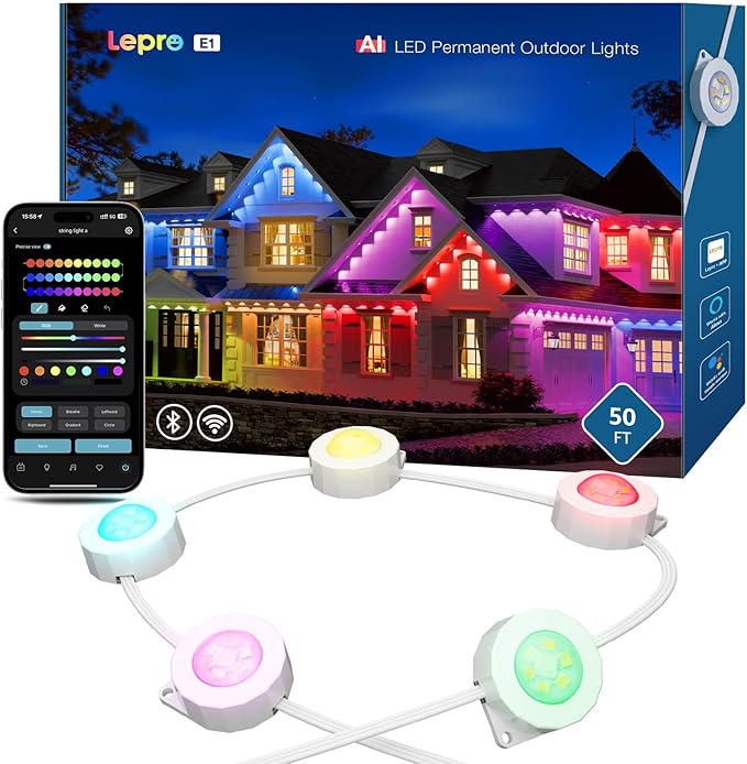 Lepro E1 AI Permanent Outdoor Lights APP Control, 50ft 30 LED Smart RGB+IC+Warm/Cool White House Eave Light for Halloween Christmas, Alexa Google Enabled, 2.4 GHz WiFi/Bluetooth, NO Remote Controller