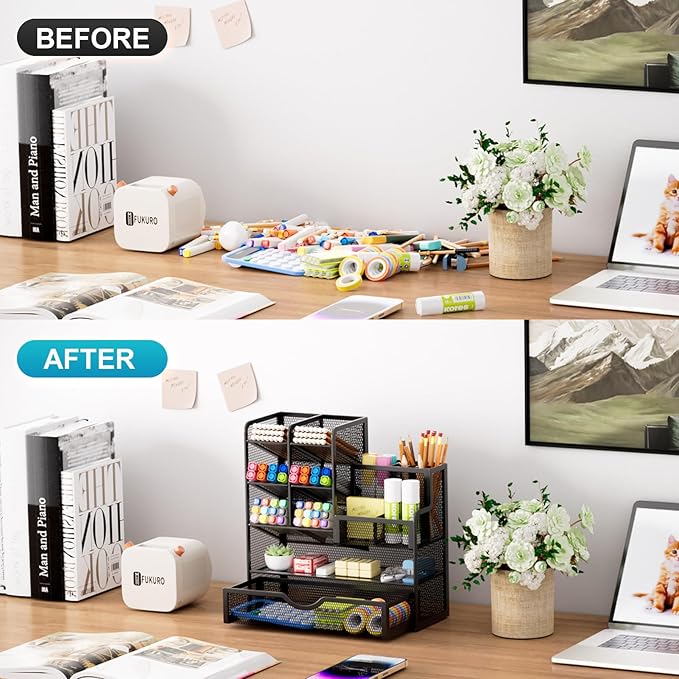 Marbrasse Mesh Pen Holder for Desk, Multi-Functional Pencil Organizer with Drawer, Desk Organizers and Accessories for Office Art Supplies (Black)