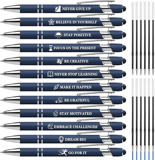 Inspiring Pen Set - 12 Inspirational Quote Ballpoint Pens with 12 Refills, Blue Ink - Motivational Gifts for Office & School | Encouragement Gifts for Men & Women, Deepblue