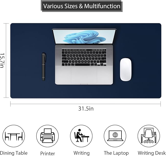 Leather Desk Pad Protector, Mouse Pad, Non-Slip Computer Mat for Desk, PU Leather Office Desk Mat for Home & Office, Waterproof Laptop Desk Blotter for Keyboard and Mouse, Navy (15.7''X31.5'')