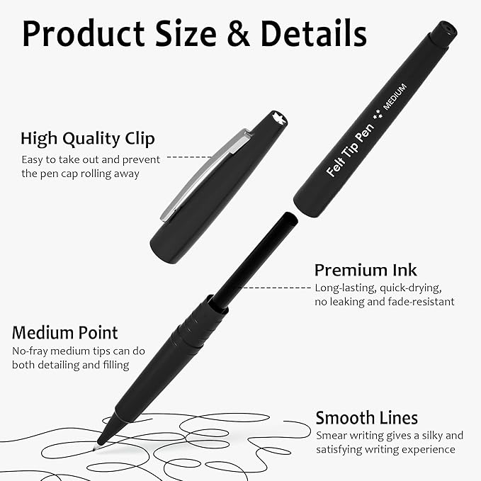 Lelix Felt Tip Pens, 30 Black Pens, 0.7mm Medium Point Felt Pens, Felt Tip Markers Pens for Journaling, Writing, Note Taking, Planner, Perfect for Art Office and School Supplies