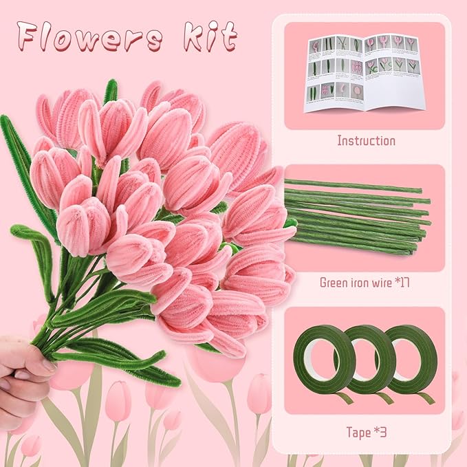 UzecPk Pink Pipe Cleaner Flower Kit Pipe Cleaner Flowers Pipe Cleaners Bulk Green Pipe Cleaners Chenille Stems Set with Floral Wire Instructions for DIY Art and Craft Projects Creative(15 Flowers)