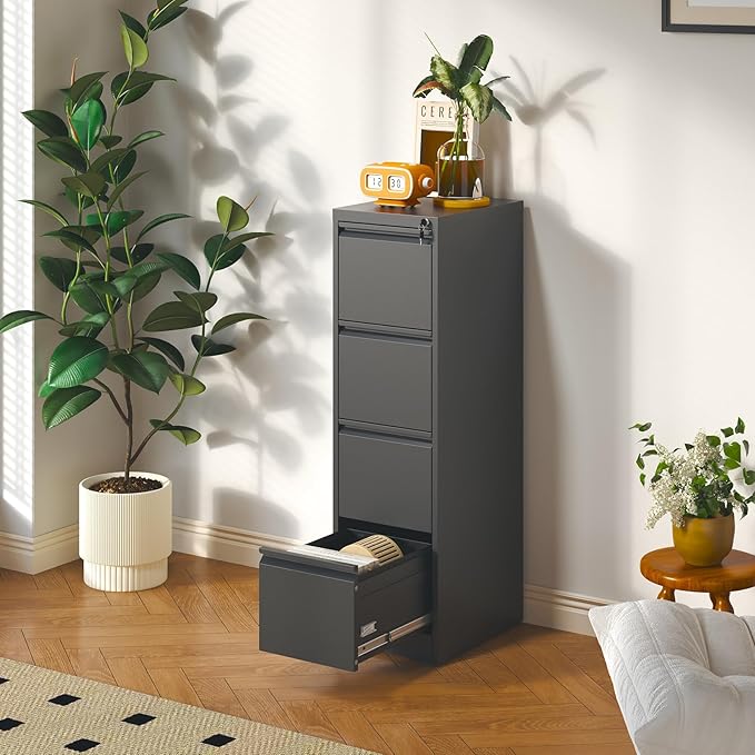 Metal File Cabinet 4 Drawers, Vertical Filing Cabinet for Home Office, File Cabinets with Lock for Legal Letter Size Hanging File Folders Storage Cabinet, (Black)