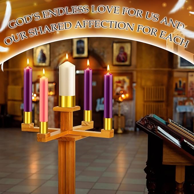 Mumufy 48 Inch Tall Advent Church Stand Candleholder Set of 5 Purple Pink White Candles Wood Nativity Candle Stand with Metal Arch Christmas Candlestick Holder for Christmas Church Holy(Natural Wood)