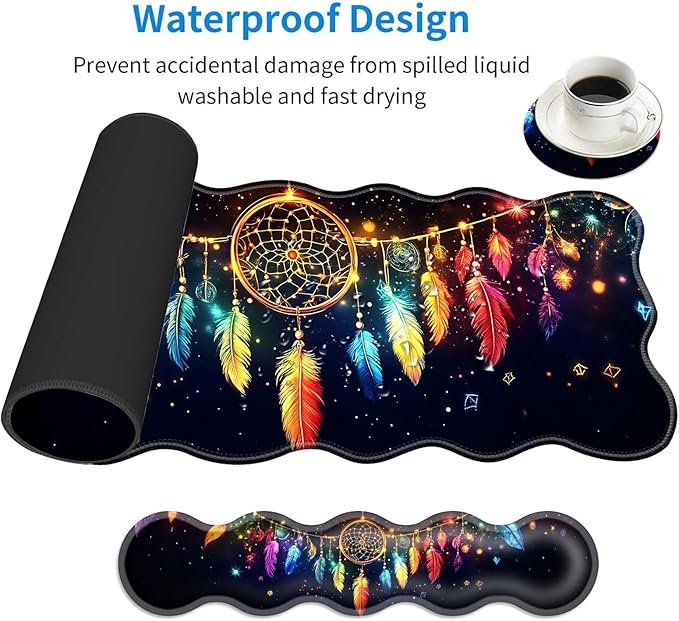 Large Mouse Pad and Keyboard Wrist Rest, Desk Pad for Keyboard and Mouse, 4-in-1 Large Gaming Mouse Pad with Wrist Support, Desk Mat for Home Office Study Game-Colorful Dreamcatcher