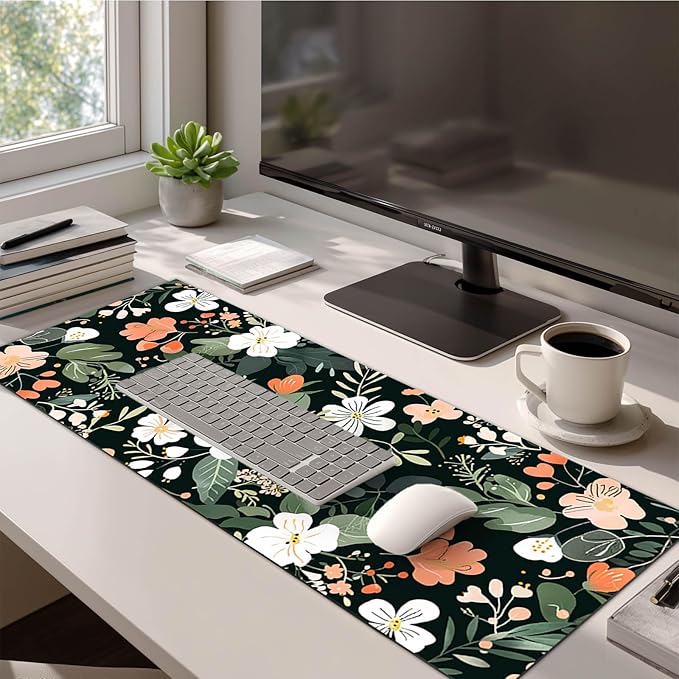 Large Floral Mouse Pad 31.5 x 11.8 in Extended Desk Mat Non Slip Waterproof Keyboard Mousepad with Botanical Blossom Design for Office Home Gaming