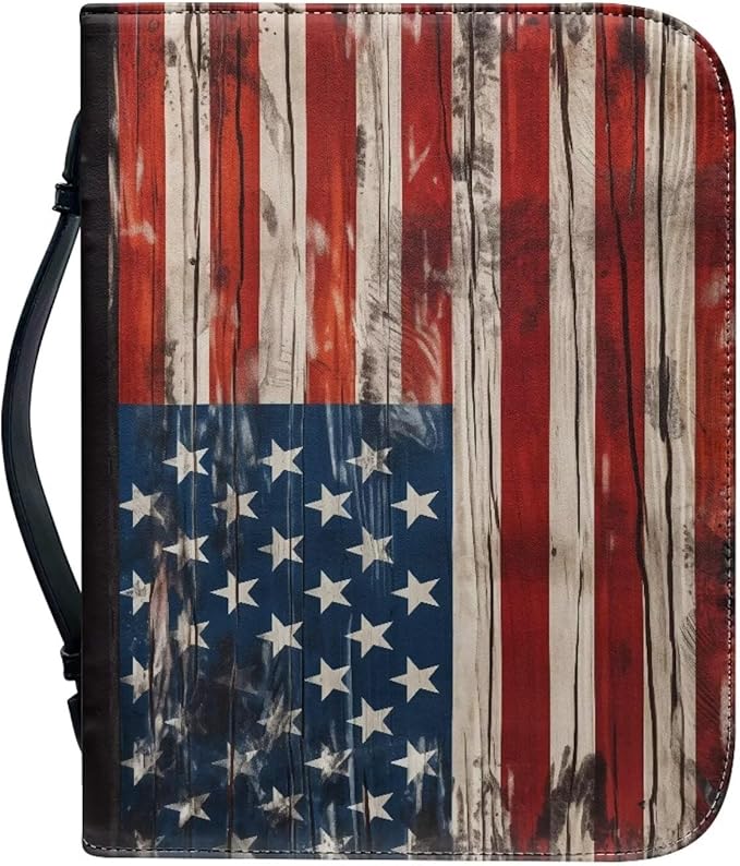 Lotusorchid American Flag Print Bible Case for Men, Zippered PU Bible Book Cover with Handle Pocket Portable Bible Cover Case Bible Cover Carrier Carrying Organizer Bag for Women, L