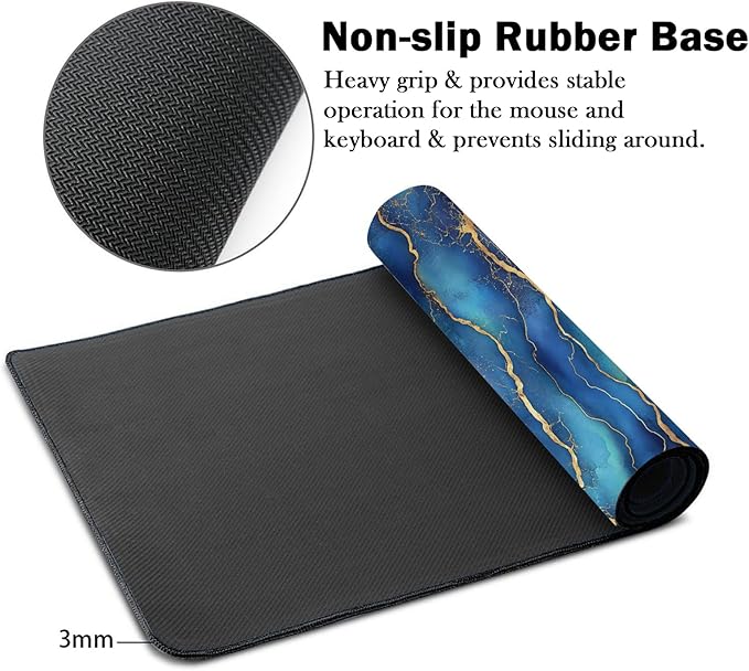 Mrcrypos Large Mouse Pad Blue Gold Marble Desk Mat for Desktop,Waterproof Desk Pad with Stitched Edges,Computer Keyboard Gaming Mouse Pads for Women Office Home 31.5" x 11.8"