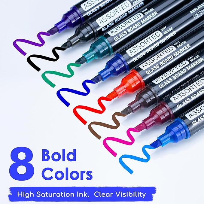 maxtek Dry Erase Markers Chisel Tip, Assorted Colors, Glass Whiteboard Markers for Dry Erase Board, Acrylic Planning Board, Mirrors, Windows, Classroom Must Haves, 8 Count