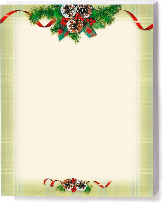 PaperDirect Natural Plaid Holiday Charm Border Paper, 8.5x11 Festive Stationery with Pine Boughs, Ribbons & Plaid Design for Cards, Invites, Scrapbooks & Seasonal Projects, 100 Sheets