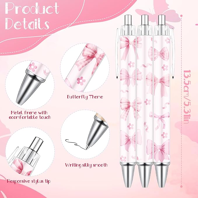 Coquete Bows Ballpoint Pens - 24PCS Pink Ribbon Bows Pens Set Cute Cherries Smooth Writing Pens Retractable Pink Conquette Bow Pen for Office Stationery School Supplies for Women Teacher Gifts