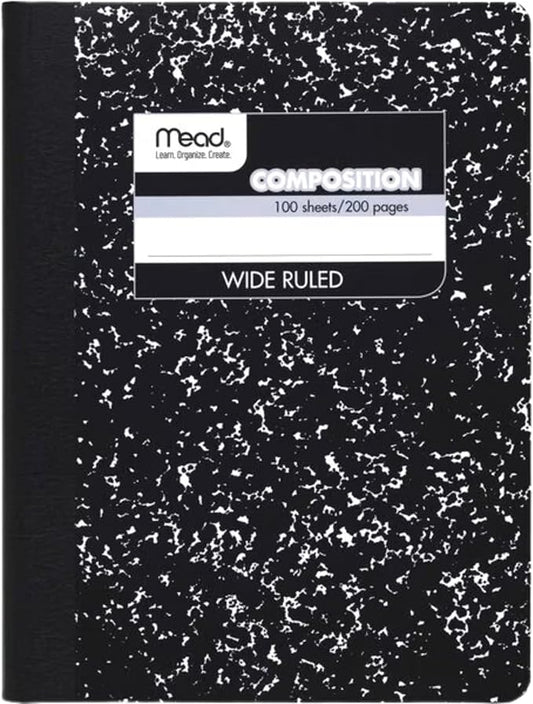 Mead Composition, Wide Ruled Comp Book, Writing Journal Notebook with Lined Paper, Home School Supplies for College Students & K-12, 9-3/4" x 7-1/2", 100 Sheets, Black Marble (09910)