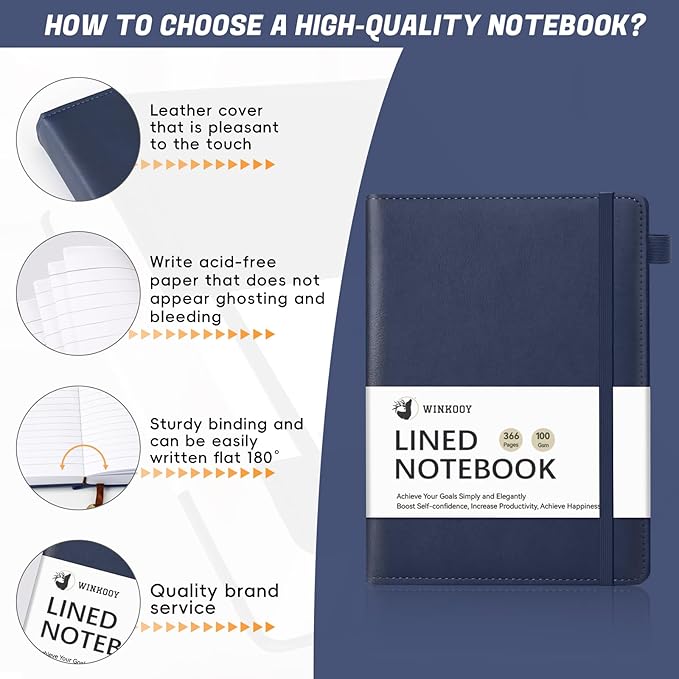 Lined Journal Notebook, 366 Pages, 100Gsm Leather Hardcover Journals for Writing Thick A5 College Ruled Classic Notebook with Pen Loop, Daily Journal for Women Men Travel Business Work Office