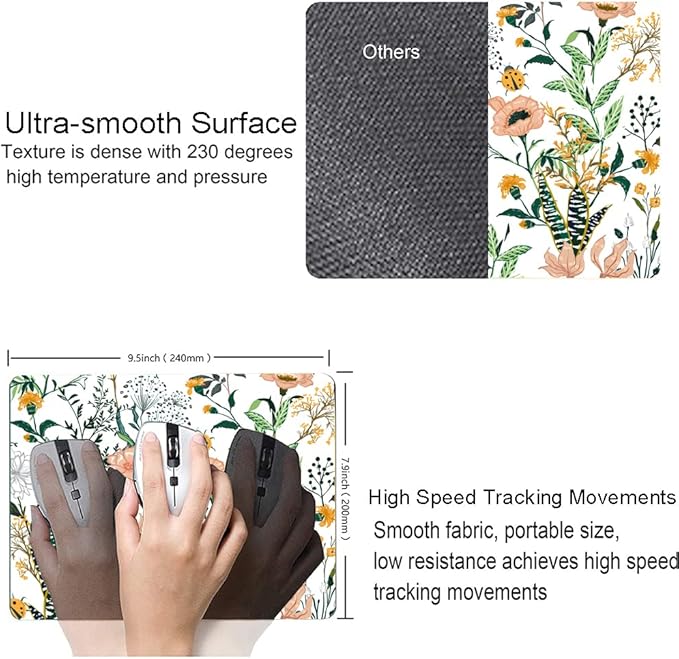 Mouse Pad, Premium-Textured Mouse Mat, Non-Slip Rubber Base Mousepad for Laptop, Computer & PC,9.5×7.9 in, Creamy White Floral