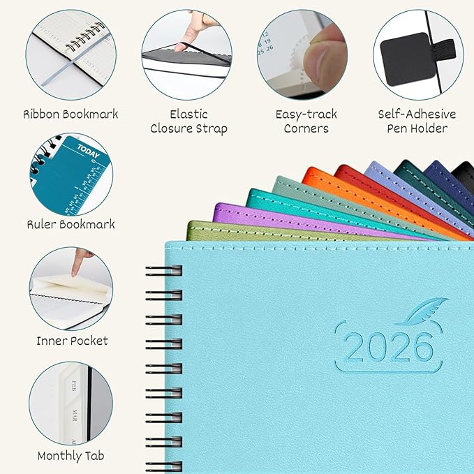 BEZEND 2026 Planner Weekly and Monthly (8.5" x 11" Spiral) Daily Calendar with Half-Hourly Timeslots & Tab (Jan-Dec) Note & Expenses, Pen Holder, Inner Pocket, Vegan Leather Softcover - Turquoise