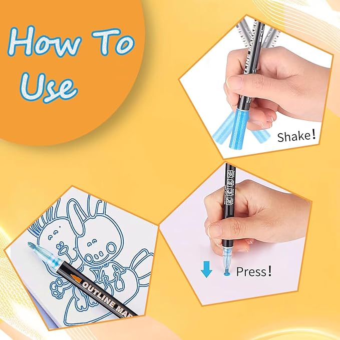 Double Line Super Squiggles Glitter & Metallic Markers, 36 Colors - Self Outline Pens for Doodle Art, Greeting Cards & Crafts