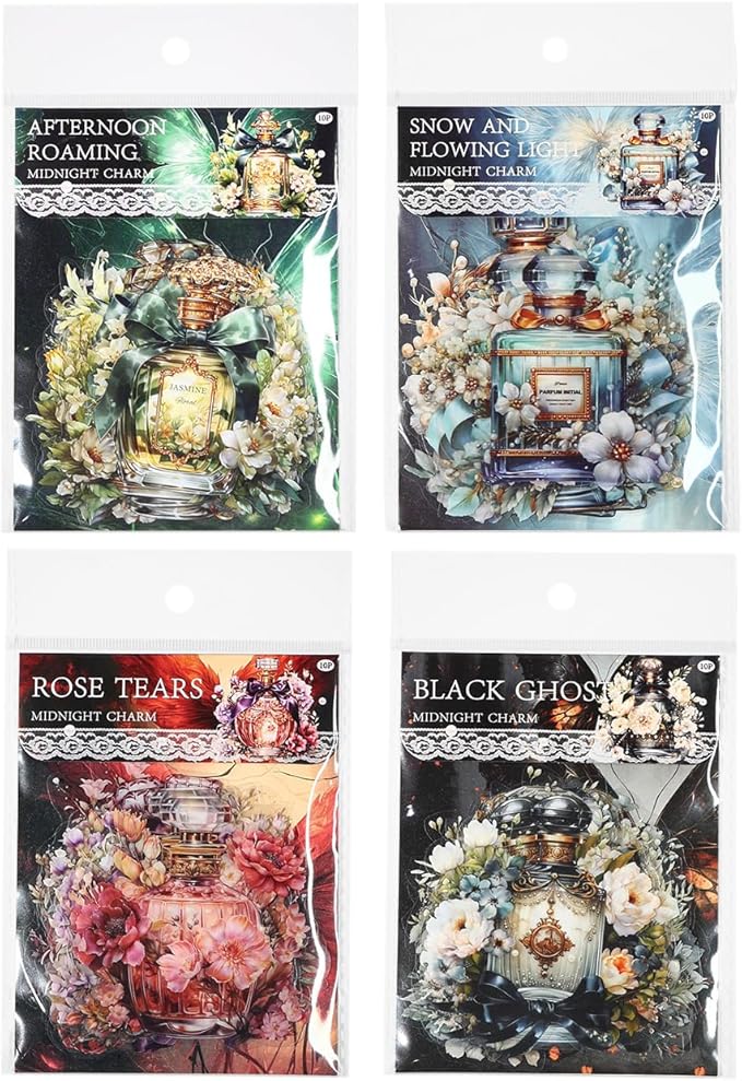 MAFELOE PET Scrapbook Stickers, 4 Packs, 10 Pieces Each, Aesthetic Deco Supplies for Junk Bullet Journaling Card Making Daily Planner-Bottle&Flower Series (TP-WYMH-08)