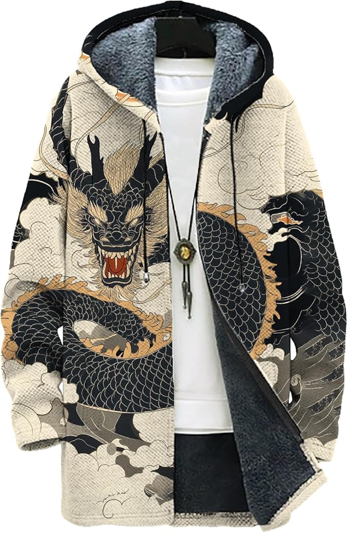 MARSVOVO Mens Cardigan Sweater Cool Graphic Lined Fleece Long Coat Zip With Pockets Fashion Coat Warm Fitted Jacket