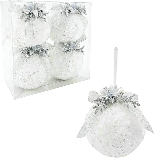Nature Vibe Set of 4 Faux Fur White Christmas Ornaments Box Pack,Christmas Balls with Silver Accent as Christmas Tree Decorations or Winter Wonderland Decorations