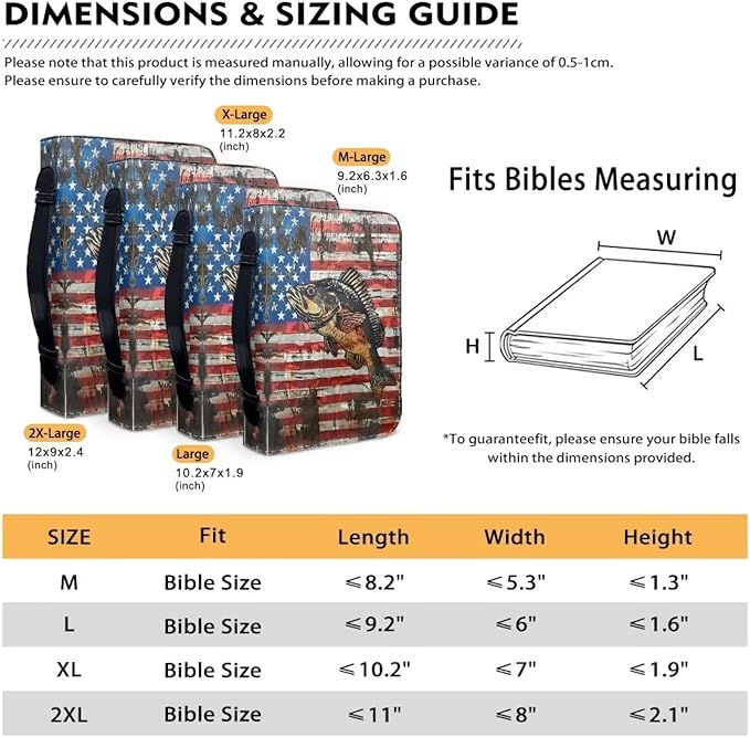 Lotusorchid Bass Fish Print Bible Cover Case, Zippered Bible Carrying Case for Women Girls, American Flag Bible Tote Bag Sturdy Bible Book Cover for Bible Study, Christian Bible Accessories, 2XL
