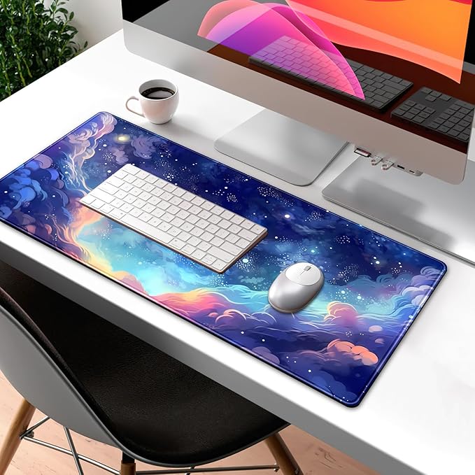 Pastel Anime Space Desk Mat Nebula View Cute Aesthetic Desk Pad Stars Galaxies Deep Dark Blue Cosmos Large Mouse Pad Extended Gaming Mousepad XL Laptop Keyboard Mouse Mat 31.5"x11.8"