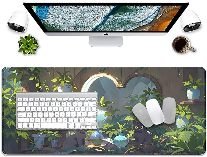Lofi Cat Mouse Pad Green Plant Desk Pad,Black Cat Extended Gaming Mouse Mat with Stitched Edges Non-Slip Waterproof Rubber Base Mous Mat for Office,Computer,Keyboard,Laptop,Home Desk Pad(27.5X11.8 in)