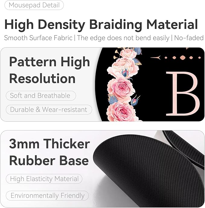 Letter B Black and Pink Flowers Round Mouse Pad,Funny Small Mouse Pad with Non-Slip Rubber Base,Mouse Mat,Home Office Decor Desk Accessories,8.7inch Round Mouse Pad