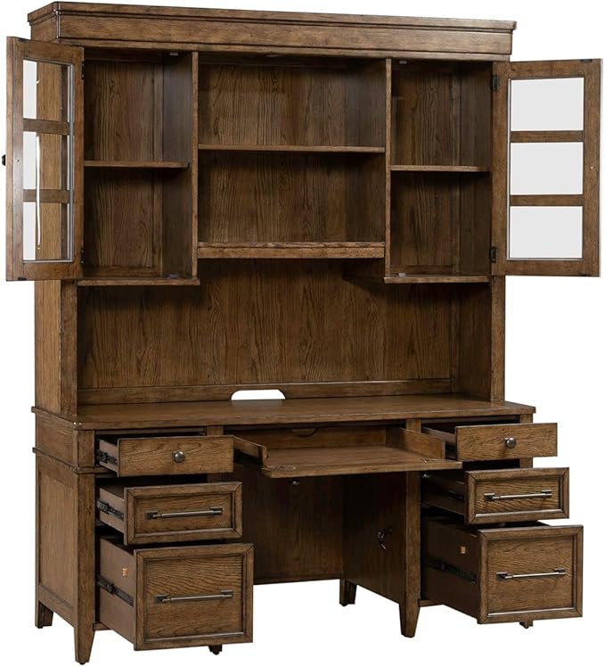 Liberty Furniture Carolina Park Credenza & Hutch with LED Light, Keyboard Tray, File Storage for Home Office- Amber Brown Oak Wood