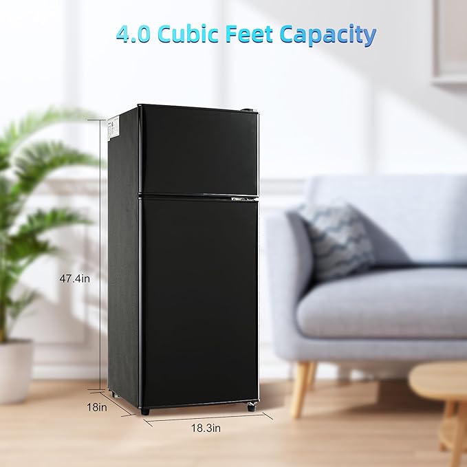 Mini Fridge with Freezer, 4.0 Cu. Ft. Double-Door Mini Refrigerator with 7-Level Adjustable Thermostat & Adjustable Glass Shelves, Compact Dorm Fridge 37 dB Low Noise for Bedroom, Apartment, Black