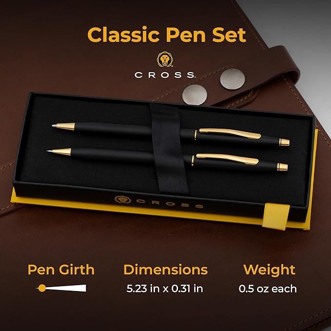 Cross Classic Century Ballpoint Pen and Pencil Set. Matte Black with Gold Trim. Iconic Gift Set