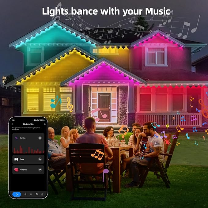 Permanent Outdoor Lights Pro, 150ft with 108 RGB LED Lights for Daily and Accent Lighting,IP65 Waterproof Smart Eaves String Lights with App & Remote,Rainbow Light for Halloween,Christmas-150FT
