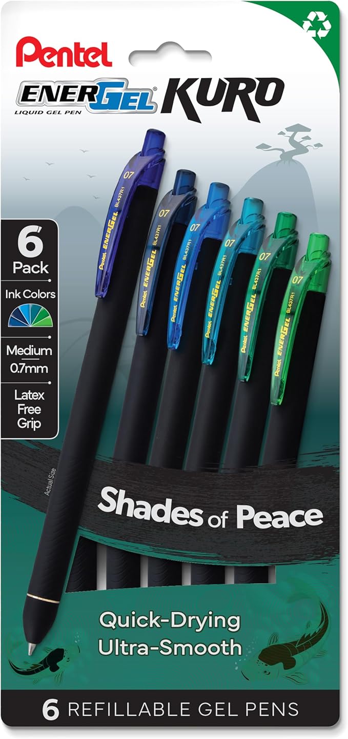 Pentel EnerGel Kuro Shades of Peace, Retractable Liquid Gel Pen, Assorted Ink Colors, Pack of 6 (BL437PEAPF6)