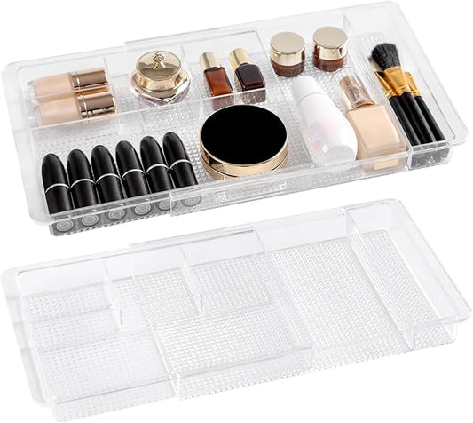 Oubonun Expandable Drawer Organizer 11.1” to 19.2” Width, Shallow Cosmetic Organizer 1.3” Height, 2 Packs, Clear Plastic Storage Trays for Dressing Table,Bathroom