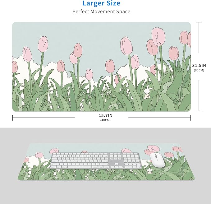 MAYCARI Watercolor Tulip Flower Mouse Pads,Extended Gaming Mousepad XXL Kawaii Anime Desk Mat Pink Green Large Full Desk Mouse Pad 31.5" x15.7"