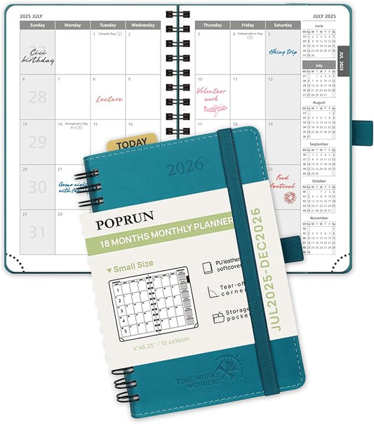 POPRUN Monthly Planner 2025-2026 Pocket Size (4" x 6.25") 18 Months Calendar (Jul 2025 - Dec 2026) - 4 Pages per Month with Monthly Expense & Notes, Sunday Start, Leather Cover - Pacific Green