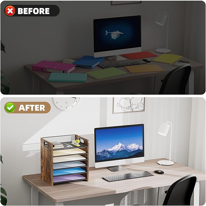 Marbrasse 6 Tier Paper Organizer Letter Tray - Wooden Desk File Organizer with Handle, Paper Sorter Organizer for Letter/A4 Office File Folder Holder