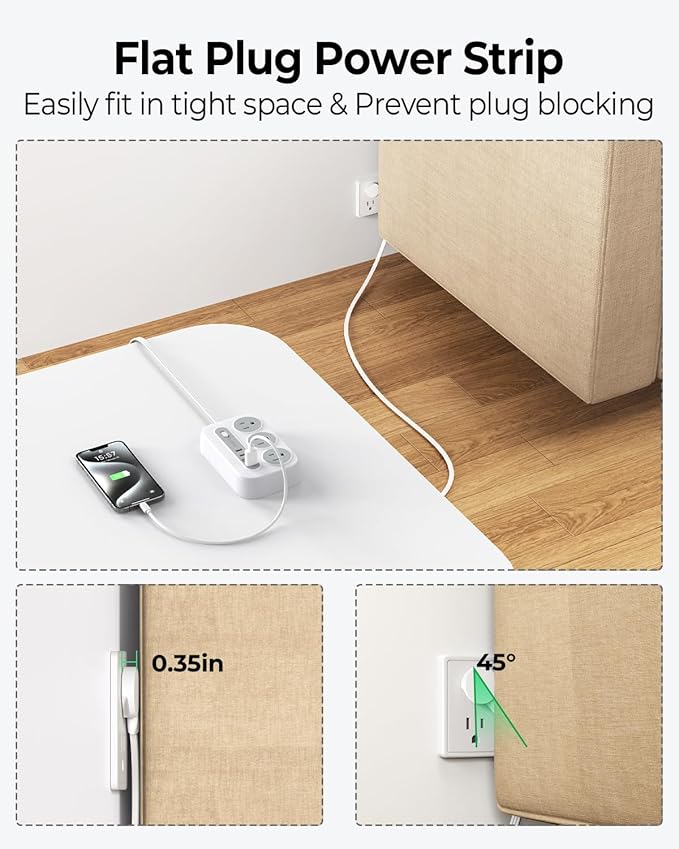 ORICO Surge Protector Power Strip, Multiple Outlets Extension Cord with 6 AC Outlets 2 USB-A and 2 USB-C Ports, 10 ft Long Flat Plug Power Strip, Mountable Outlet Extender for Dorm/Office/Home- OG