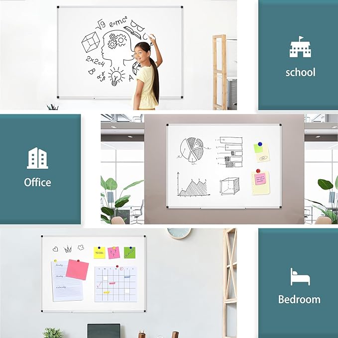 Magnetic Dry Erase Whiteboard - 46 x 33 Inch White Board - 4 x 3 Large Wall-Mounted Board with Silver Aluminum Frame, 1 Magnetic Eraser, 2 Pen, Detachable Marker Tray, 6 Magnets