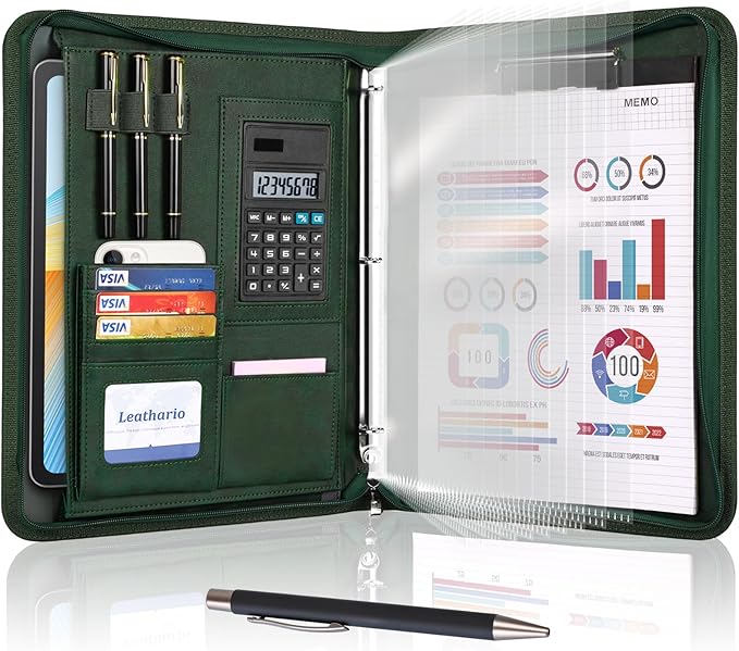 Leathario Portfolio Binder, 3-Ring Folder Organizer, Includes 5 Sheet Protectors and a Pen, Vegan Leather A4 Padfolio for Tablets, Business Conferences Professional Document Organizer, Office Supplies