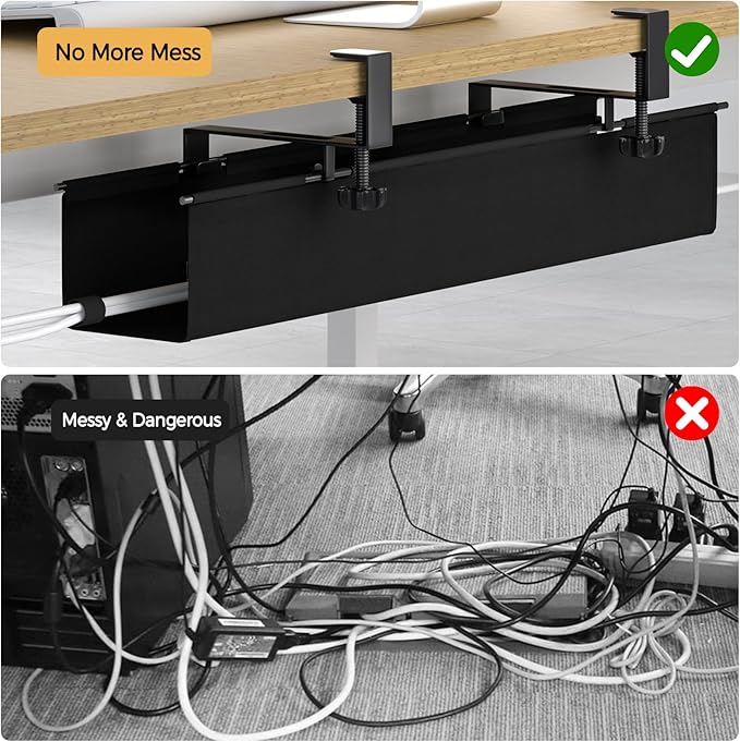 Under Desk Cable Management Tray 27.2" - No Drill Computer Wire Organizer Cable Tray, Cord Hider Clamp Mount with 16X Cable Ties PC Cables Management Cord Holder for Office/Home (Upgrade Fabric,Black)