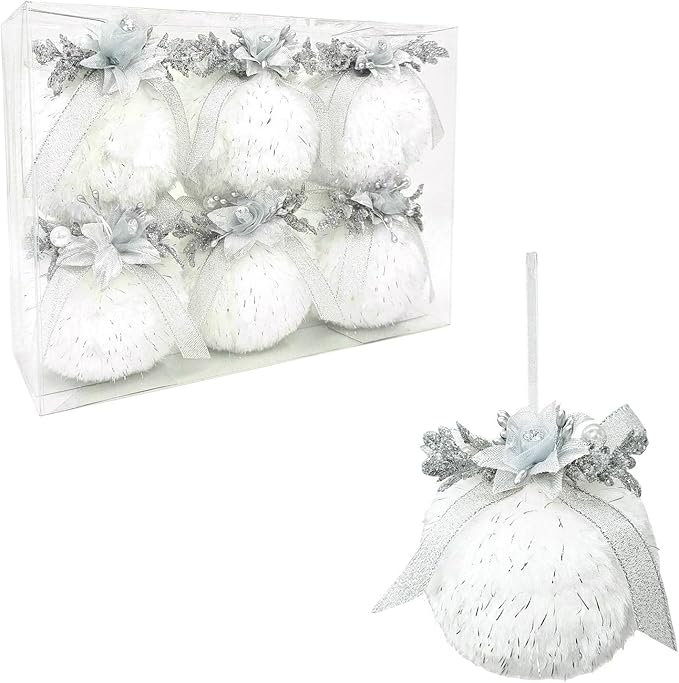 Nature Vibe Set of 6 Faux Fur White Christmas Ornaments Box Pack,Christmas Balls with Silver Accent as Christmas Tree Decorations or Winter Wonderland Decorations