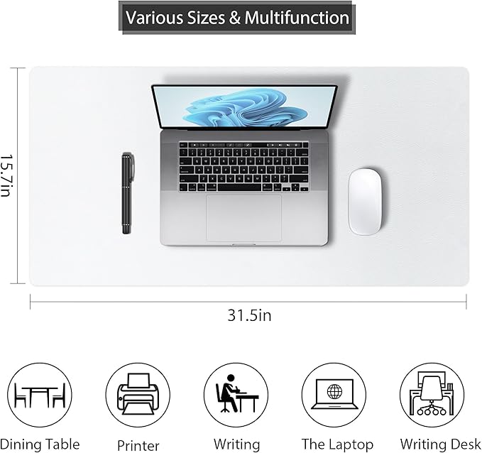 Leather Desk Pad Protector, Mouse Pad, Non-Slip Computer Mat for Desk, PU Leather Office Desk Mat for Home & Office, Waterproof Laptop Desk Blotter Pad for Keyboard and Mouse, White (15.7''X31.5'')