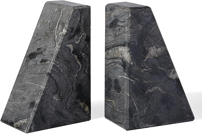 Marble Bookends for Heavy Books, Decorative Book Ends for Shelves, Titanium Black Stone Durable and Heavy-Duty Book Ends for Hardback Books & CDS, Unique Book Stopper & Holder, Set of 2