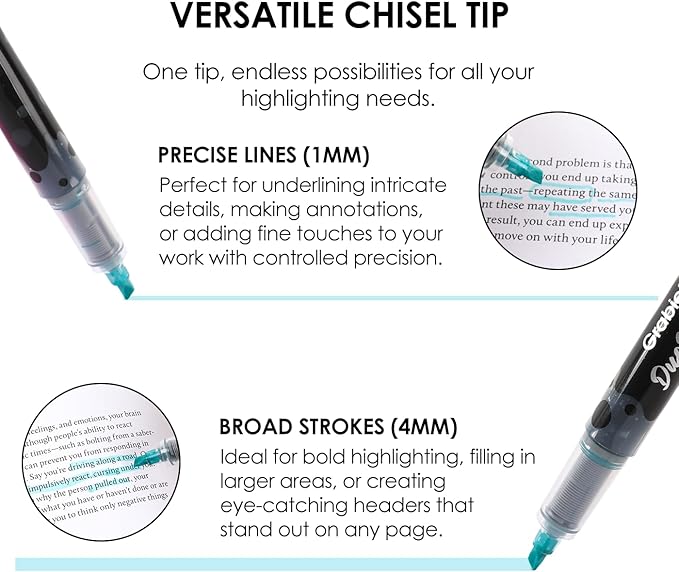 Grabie 20 Dual Tip Colors Highlighters, DuoMark Highlighter Set of 10, Dual Tone Highlighters Assorted Colors, Versatile Chisel Tip, Highlighter Markers, Note-taking