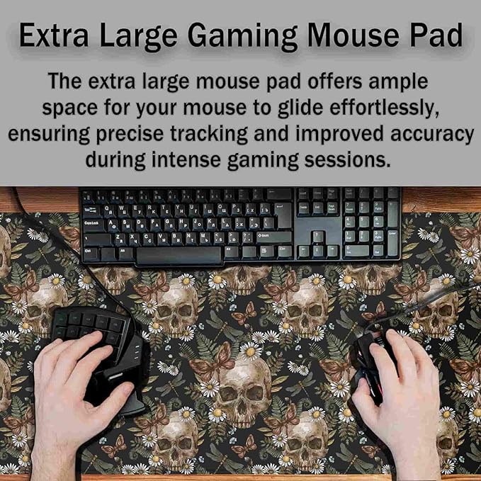 Large Mouse Pad Laptop Deskmat Computer Mats Desk Mats for Men Gaming Mouse Pad Long Desk Pad Waterproof Non-Slip Rubber Base 35.4 X 15.7 for Game Office, Vintage Floral Skull