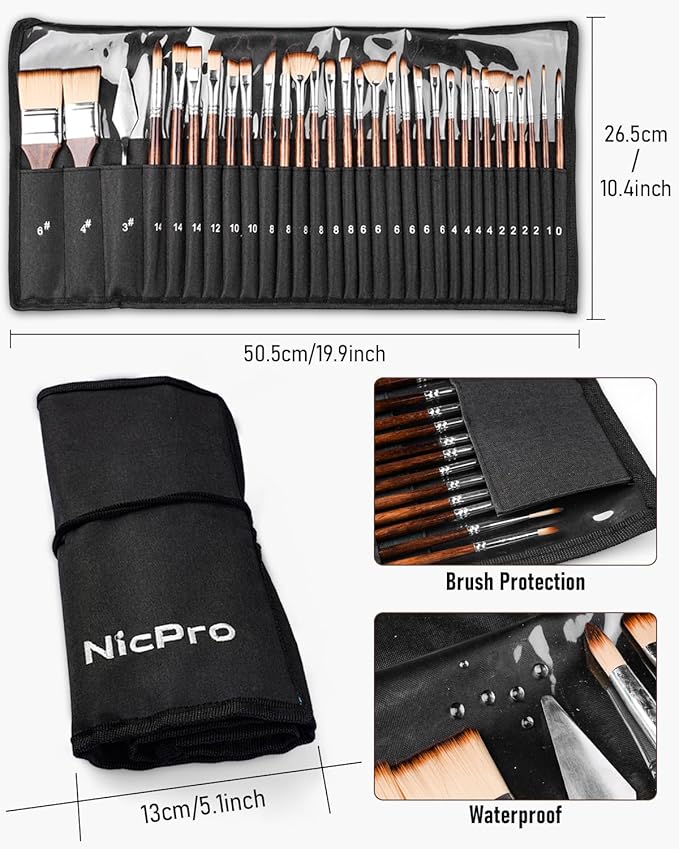 Nicpro 30pcs Paint Brush Set, Professional Paintbrushes with Paint Spatula and Cloth Roll, Craft Paint Brushes for Acrylic Painting, Oil, Watercolor, Gouache, Art Supplies for Artists and Beginners