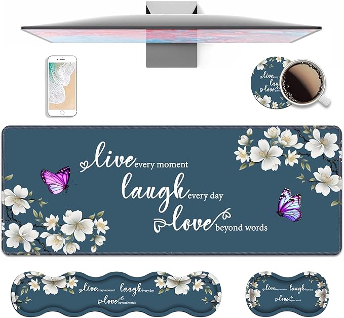 4 in 1 Ergonomic Keyboard Wrist Rest & Mouse Pad Wrist Rest Set, Large XXL Gaming Desk Mat 31.5"x 11.8" with Non-Slip Base, Memory Foam for Home Office Study Gaming, Floral Quote Live Laugh Love